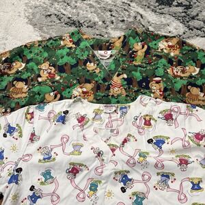 Lot of 2 Vintage White Cross & Jasco Bear Print Scrub Tops size XL Teddy Bear